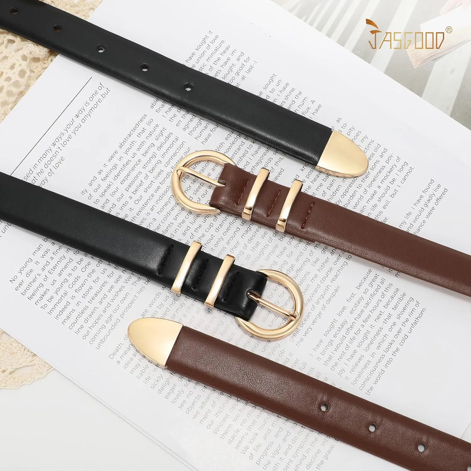 JASGOOD 2 Pack Women's Leather Belts with Gold Buckle Fashion Leather Waist Belt Elegant Ladies Belts for Jeans Dress