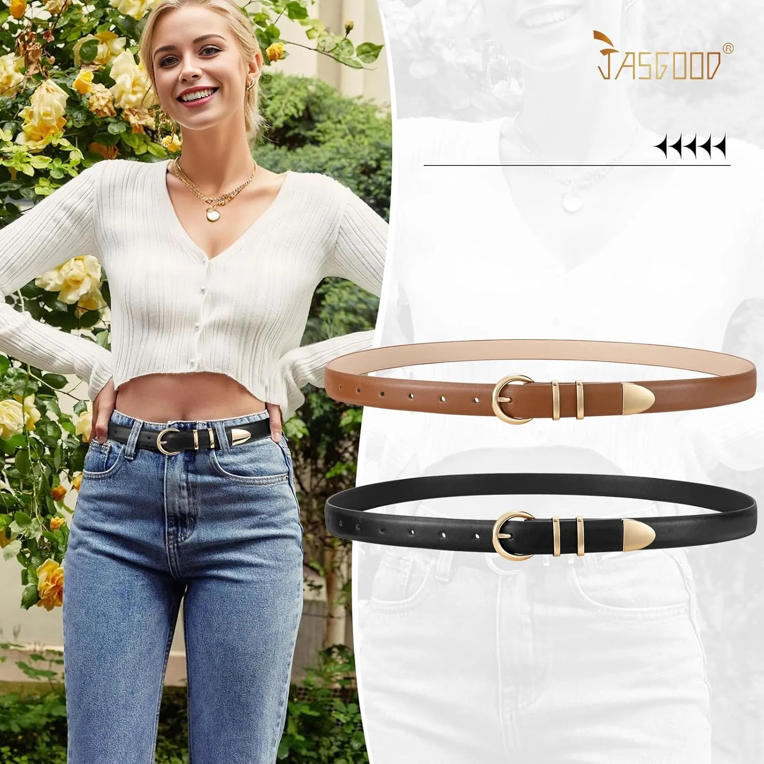 JASGOOD 2 Pack Women's Leather Belts with Gold Buckle Fashion Leather Waist Belt Elegant Ladies Belts for Jeans Dress
