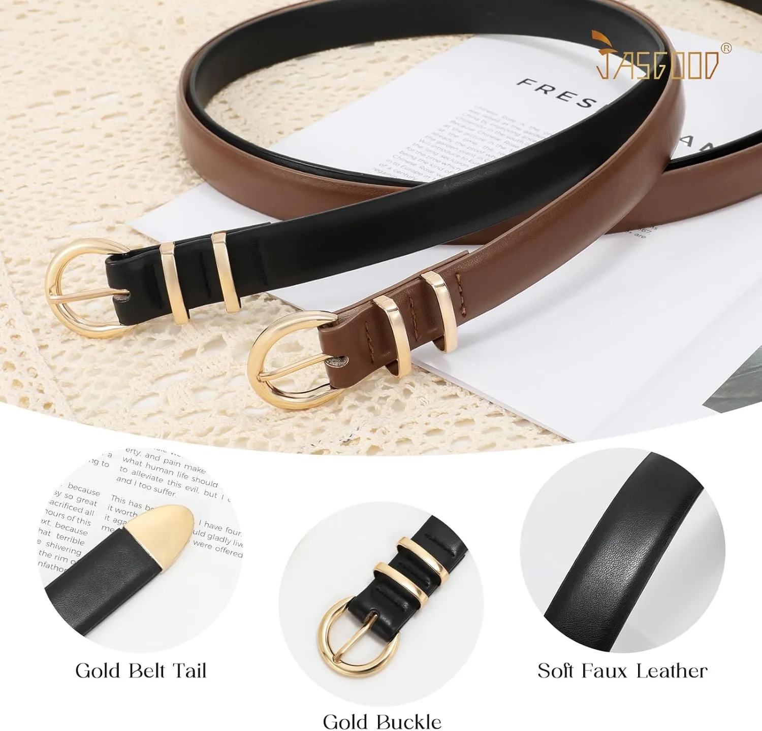JASGOOD 2 Pack Women's Leather Belts with Gold Buckle Fashion Leather Waist Belt Elegant Ladies Belts for Jeans Dress