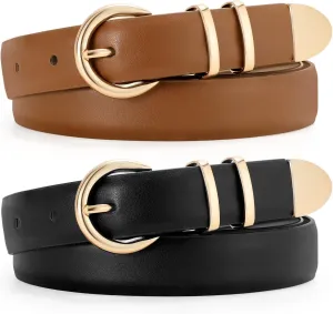 JASGOOD 2 Pack Women's Leather Belts with Gold Buckle Fashion Leather Waist Belt Elegant Ladies Belts for Jeans Dress