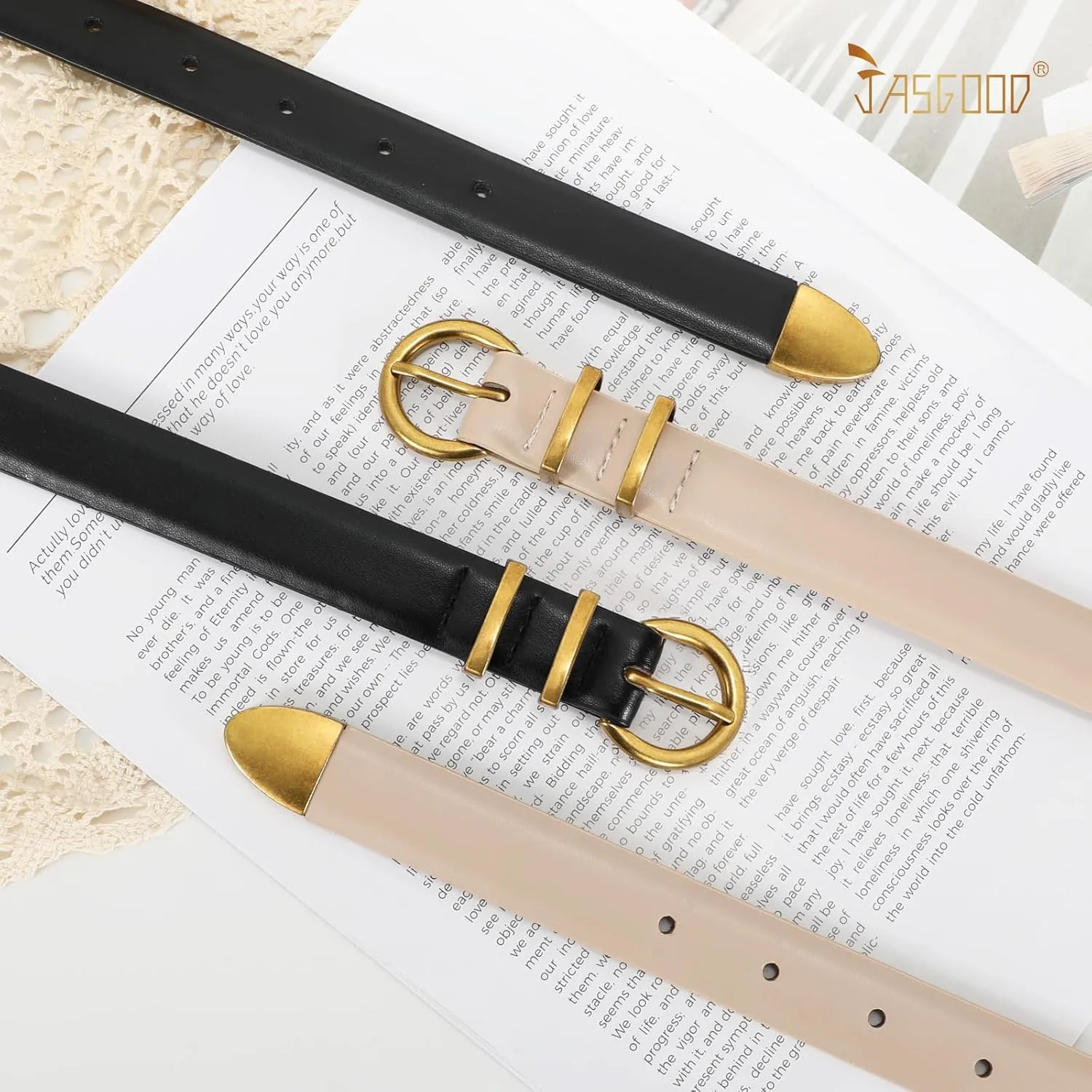 JASGOOD 2 Pack Women's Leather Belts with Gold Buckle Fashion Leather Waist Belt Elegant Ladies Belts for Jeans Dress