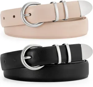 JASGOOD 2 Pack Women's Leather Belts with Gold Buckle Fashion Leather Waist Belt Elegant Ladies Belts for Jeans Dress