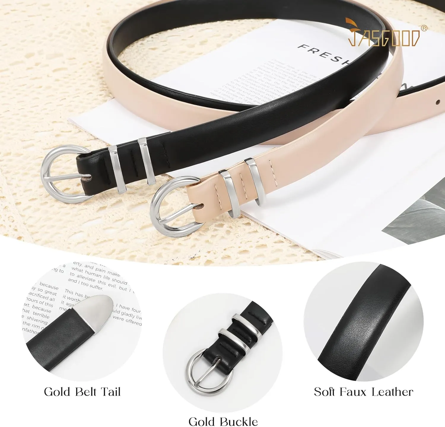 JASGOOD 2 Pack Women's Leather Belts with Gold Buckle Fashion Leather Waist Belt Elegant Ladies Belts for Jeans Dress