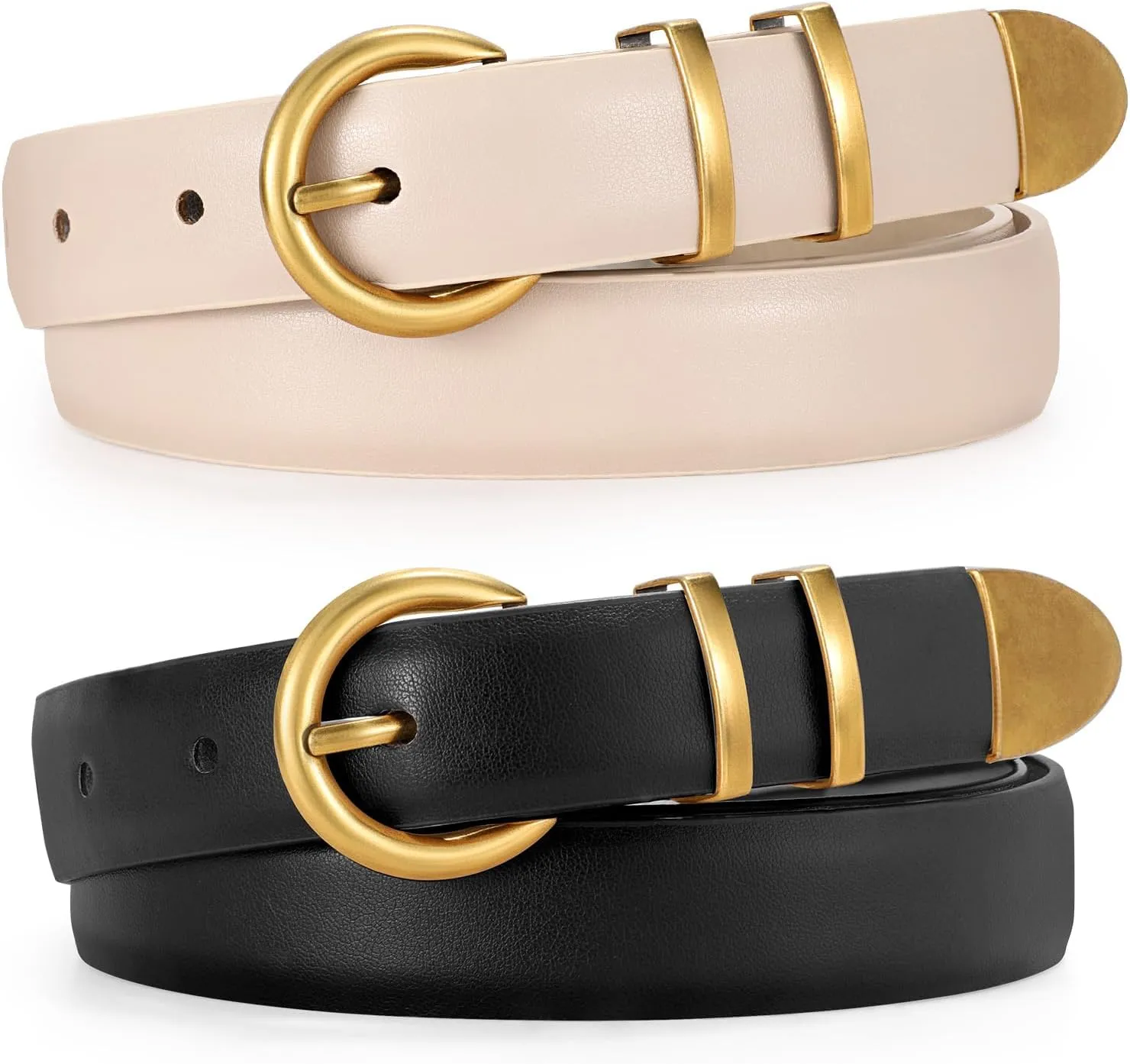 JASGOOD 2 Pack Women's Leather Belts with Gold Buckle Fashion Leather Waist Belt Elegant Ladies Belts for Jeans Dress