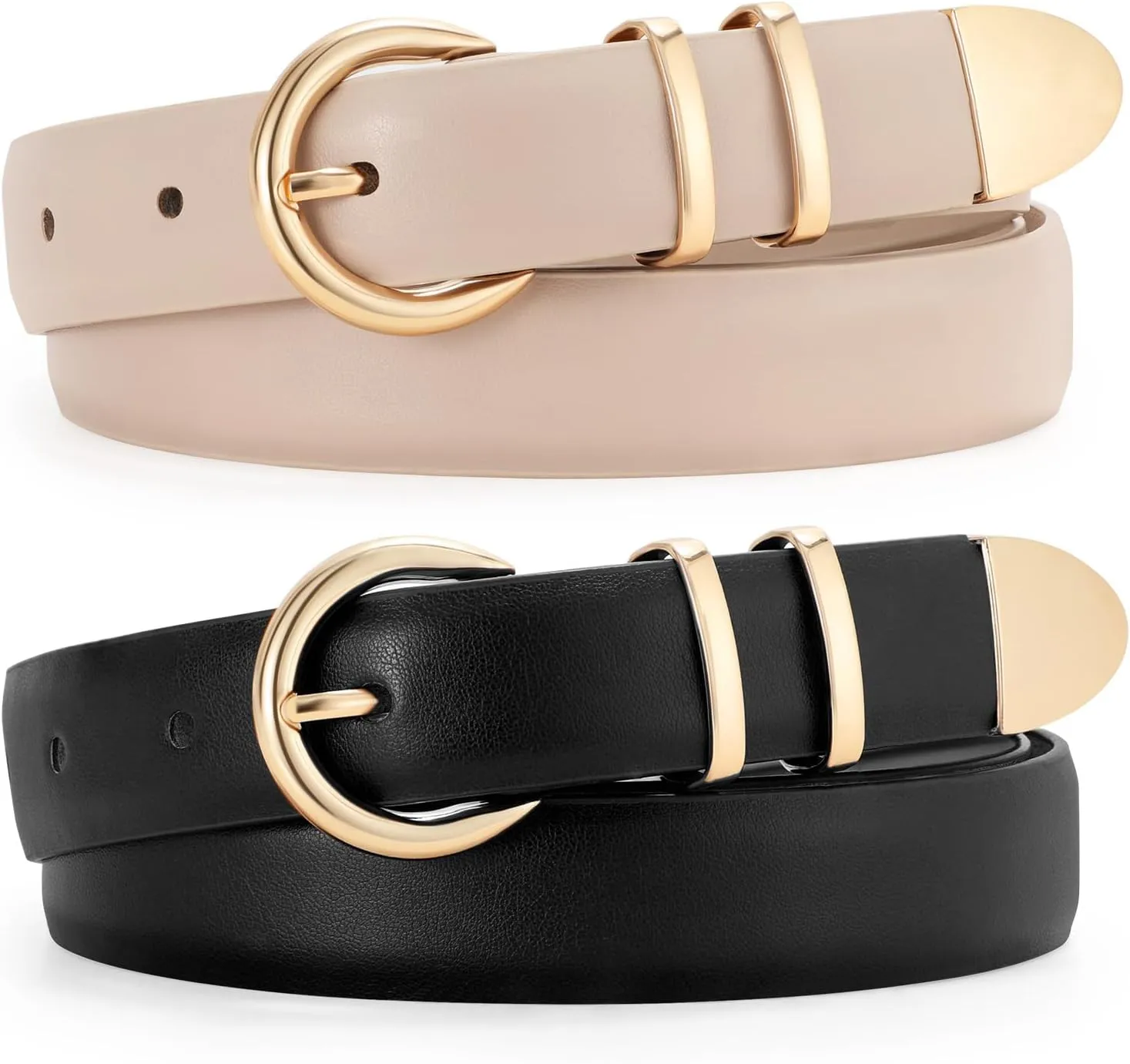 JASGOOD 2 Pack Women's Leather Belts with Gold Buckle Fashion Leather Waist Belt Elegant Ladies Belts for Jeans Dress