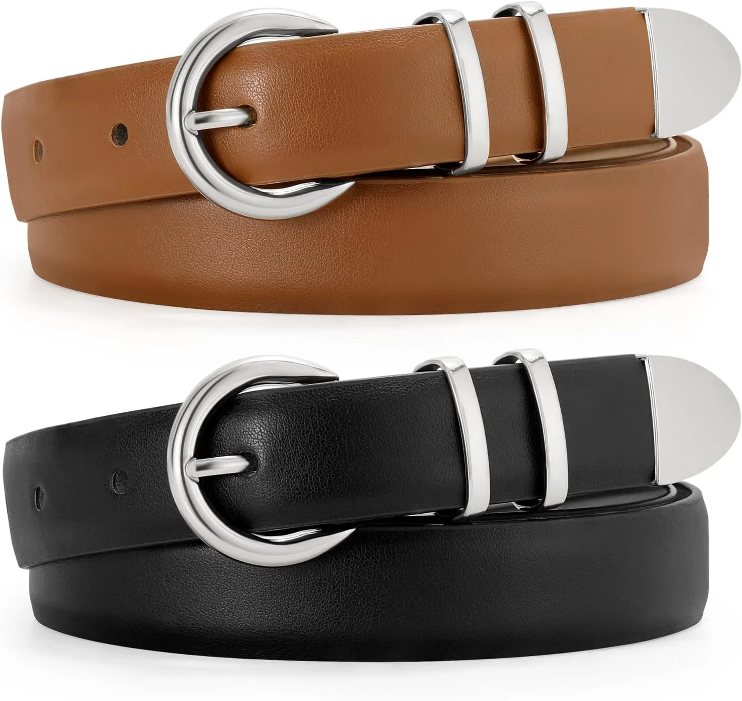 JASGOOD 2 Pack Women's Leather Belts with Gold Buckle Fashion Leather Waist Belt Elegant Ladies Belts for Jeans Dress