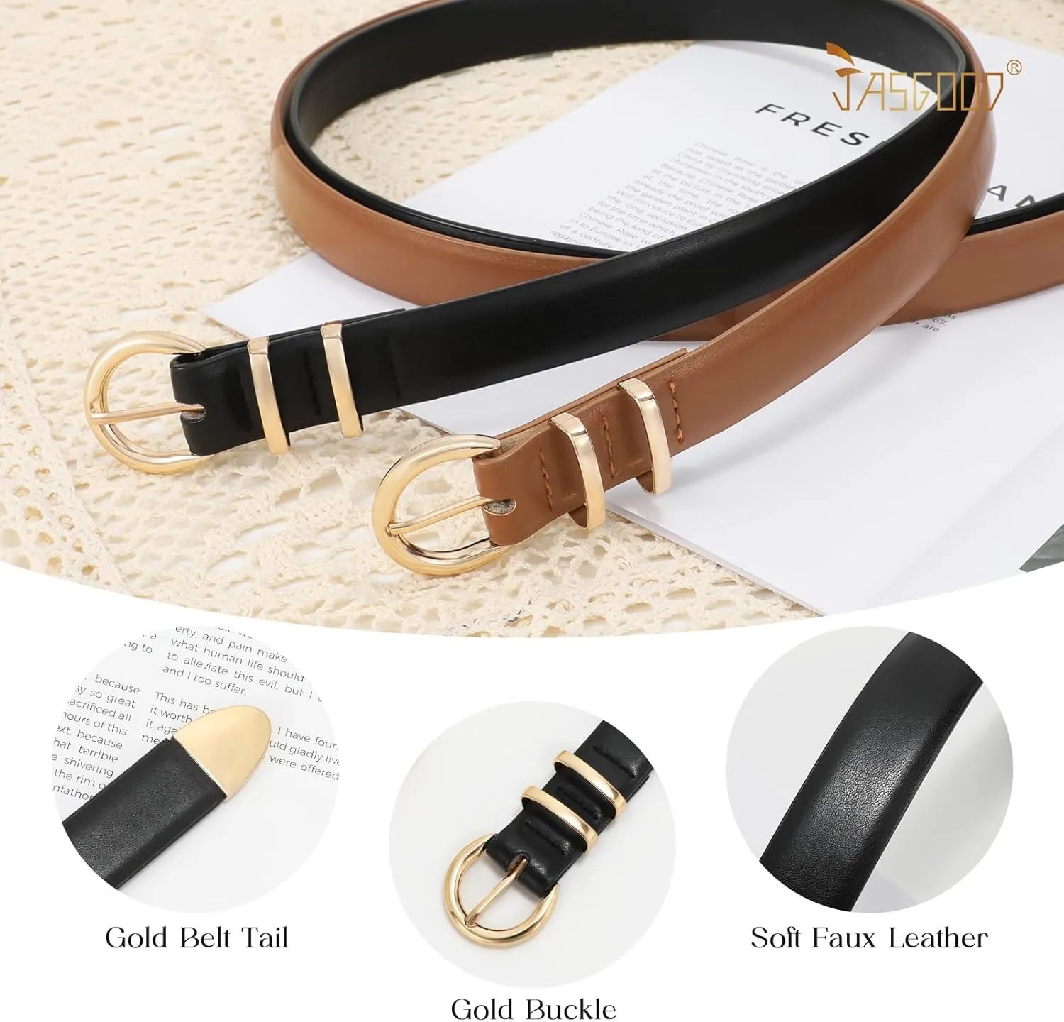 JASGOOD 2 Pack Women's Leather Belts with Gold Buckle Fashion Leather Waist Belt Elegant Ladies Belts for Jeans Dress
