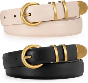 JASGOOD 2 Pack Women's Leather Belts with Gold Buckle Fashion Leather Waist Belt Elegant Ladies Belts for Jeans Dress
