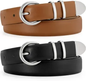 JASGOOD 2 Pack Women's Leather Belts with Gold Buckle Fashion Leather Waist Belt Elegant Ladies Belts for Jeans Dress