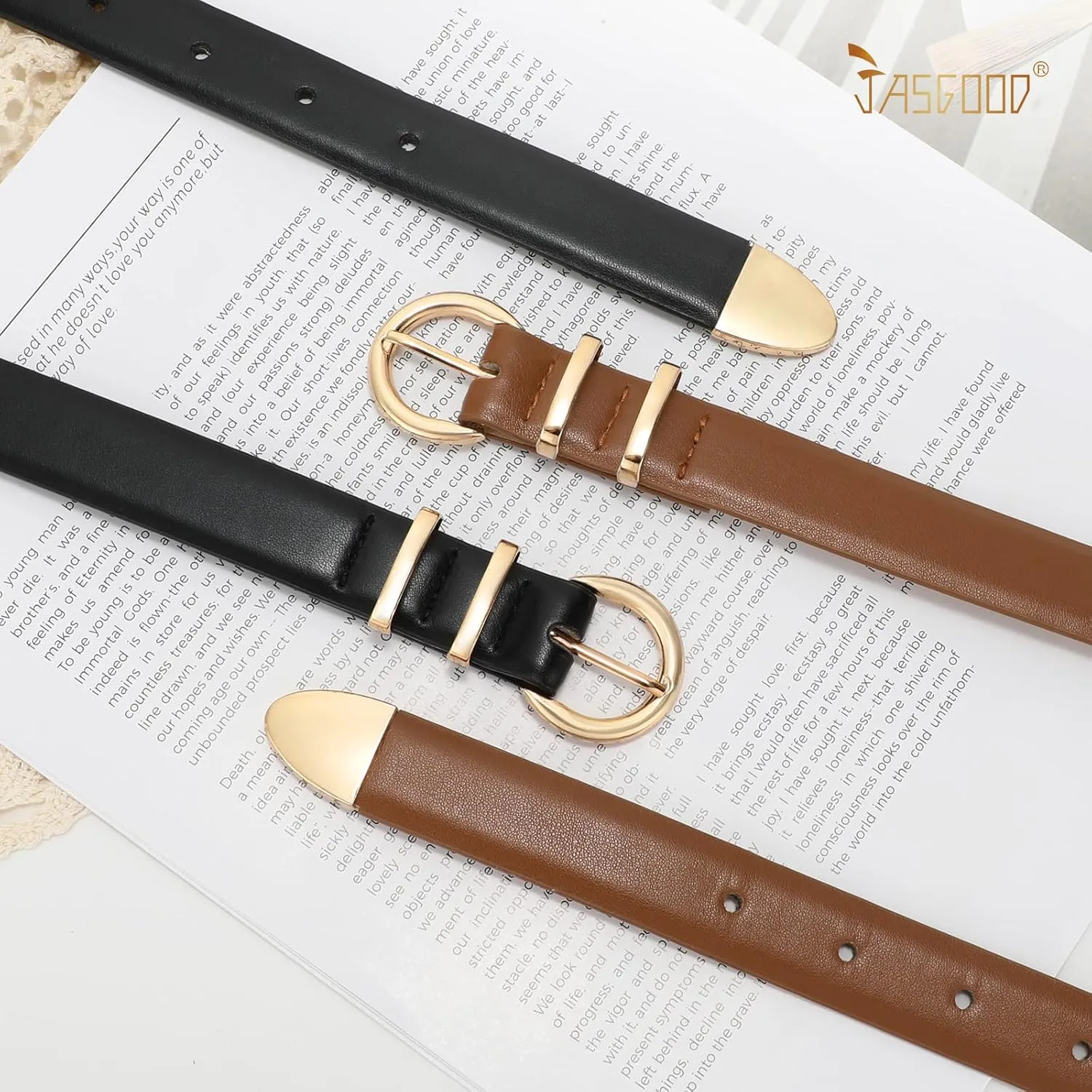 JASGOOD 2 Pack Women's Leather Belts with Gold Buckle Fashion Leather Waist Belt Elegant Ladies Belts for Jeans Dress