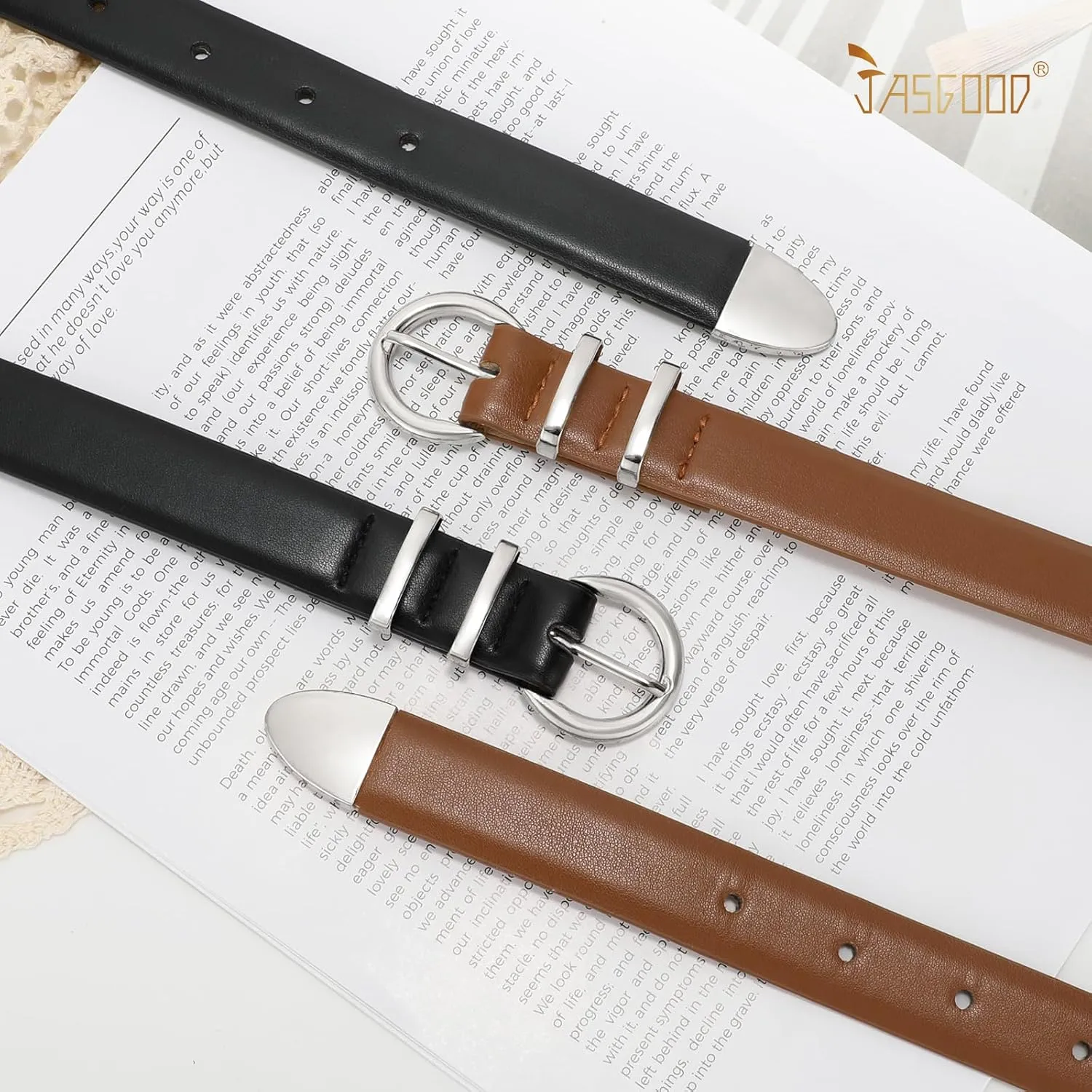 JASGOOD 2 Pack Women's Leather Belts with Gold Buckle Fashion Leather Waist Belt Elegant Ladies Belts for Jeans Dress