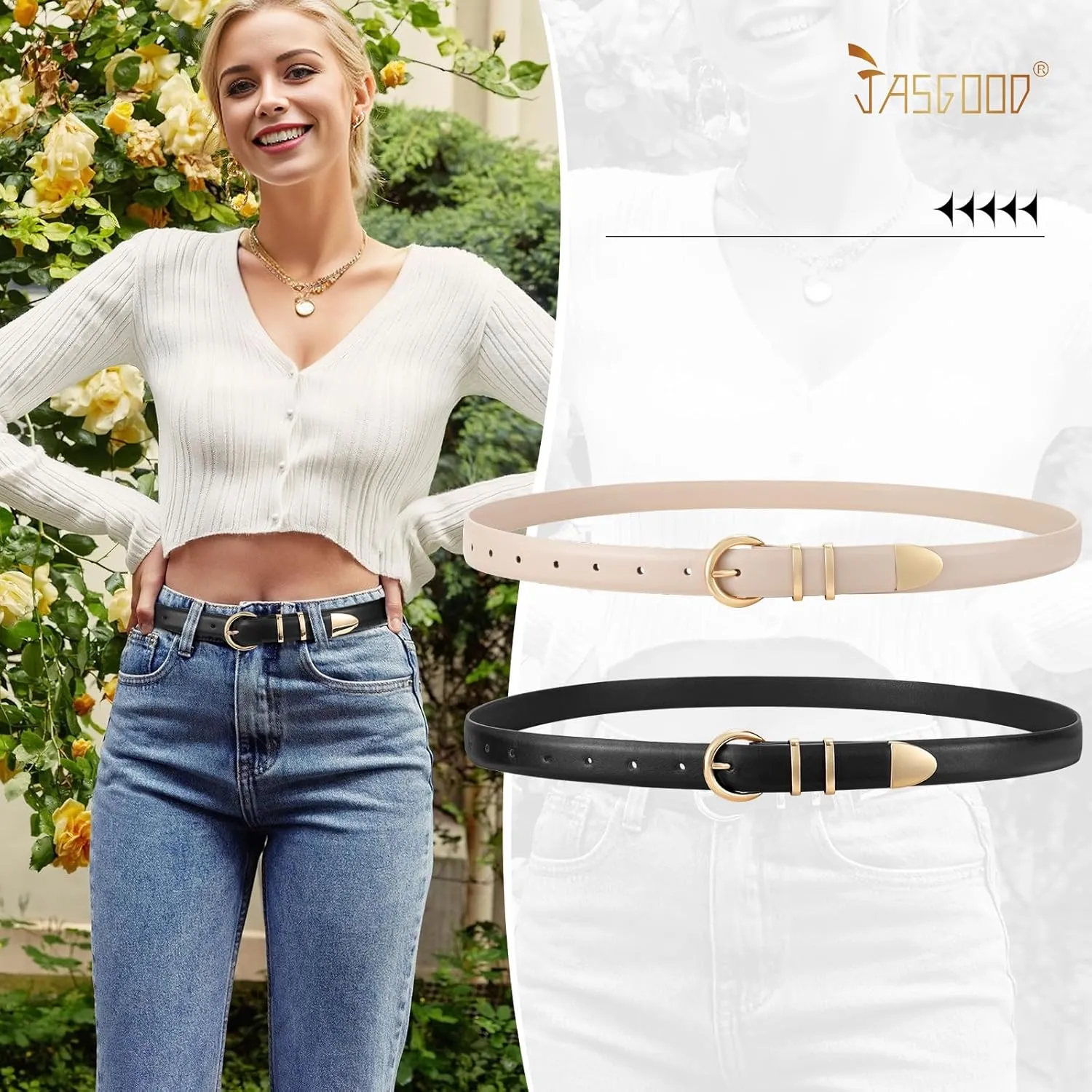 JASGOOD 2 Pack Women's Leather Belts with Gold Buckle Fashion Leather Waist Belt Elegant Ladies Belts for Jeans Dress