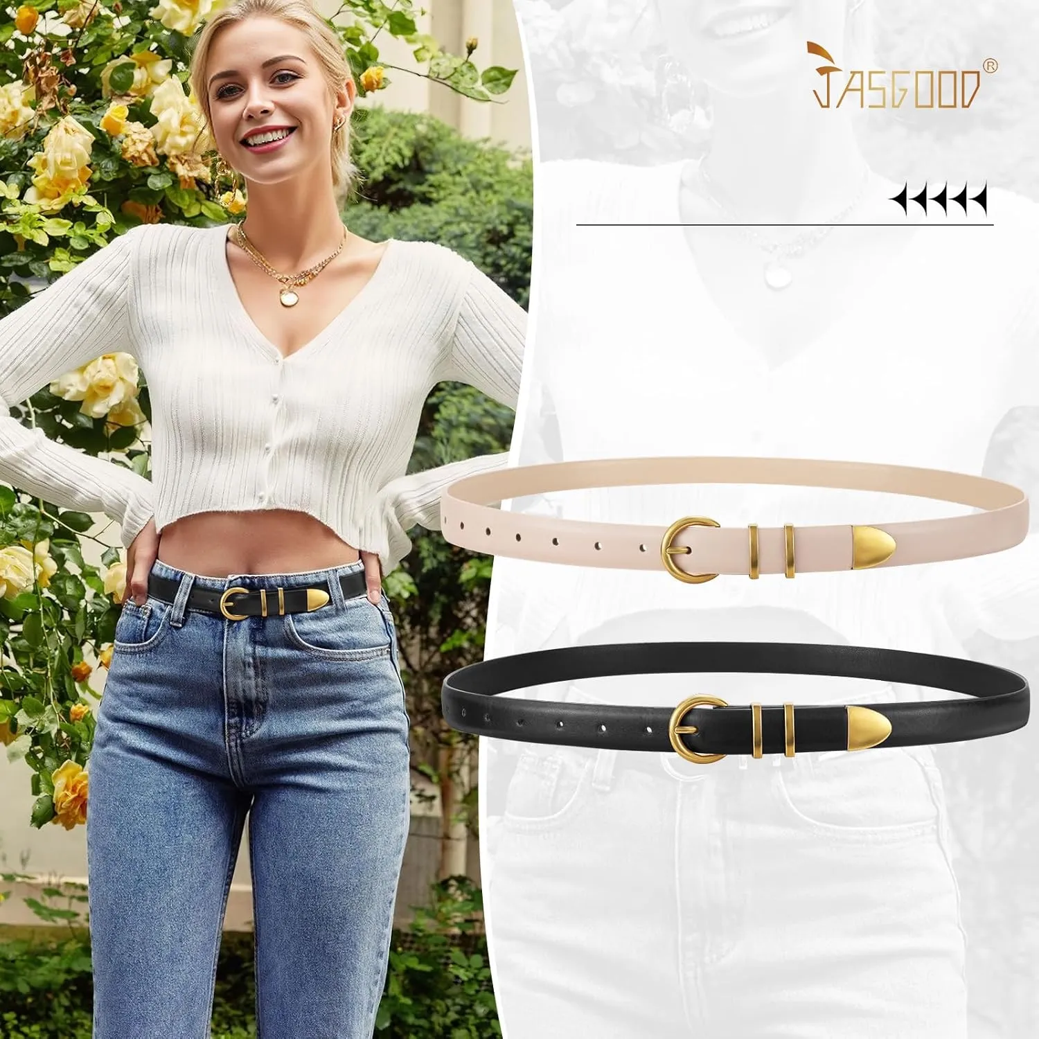JASGOOD 2 Pack Women's Leather Belts with Gold Buckle Fashion Leather Waist Belt Elegant Ladies Belts for Jeans Dress