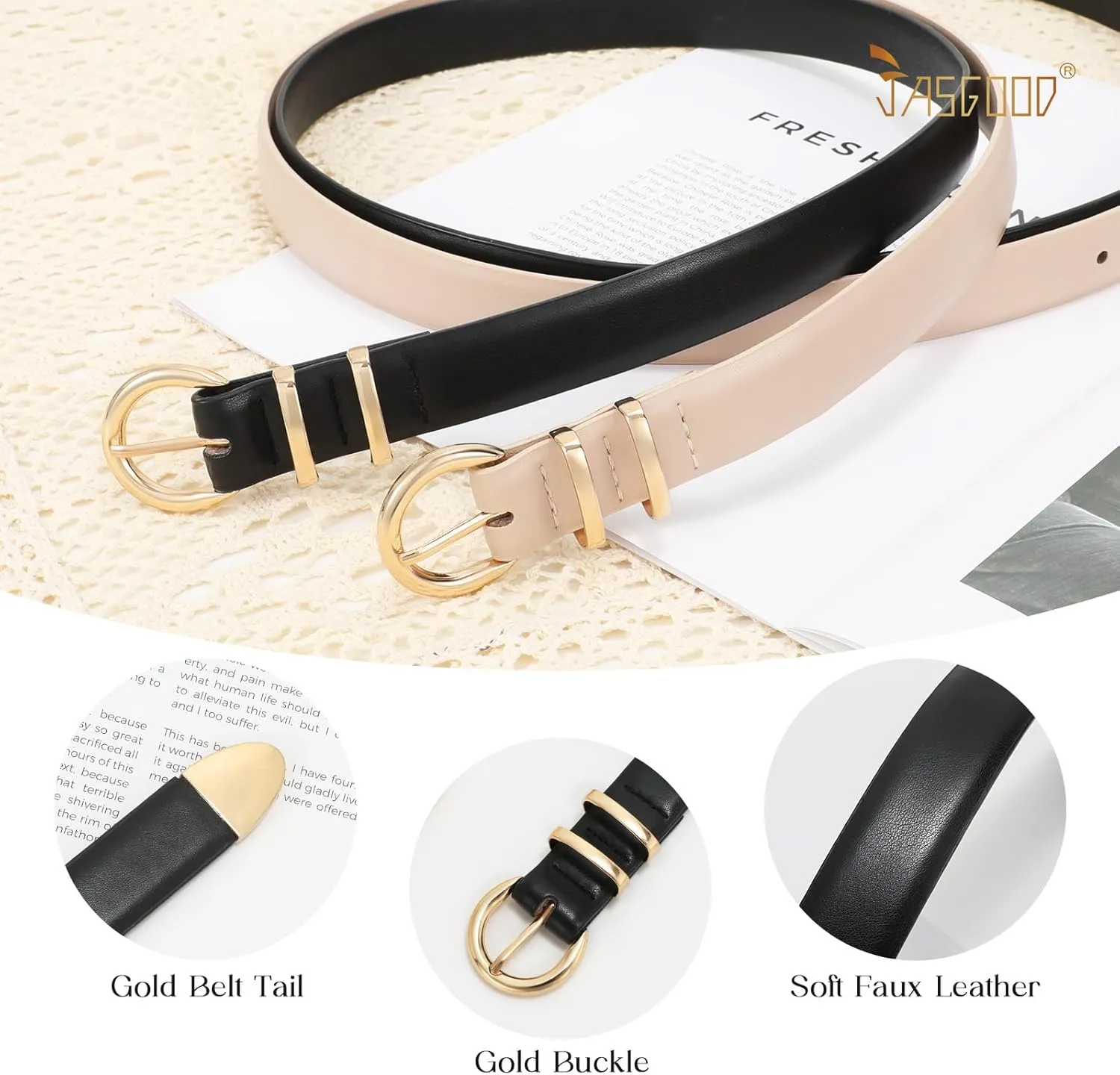 JASGOOD 2 Pack Women's Leather Belts with Gold Buckle Fashion Leather Waist Belt Elegant Ladies Belts for Jeans Dress