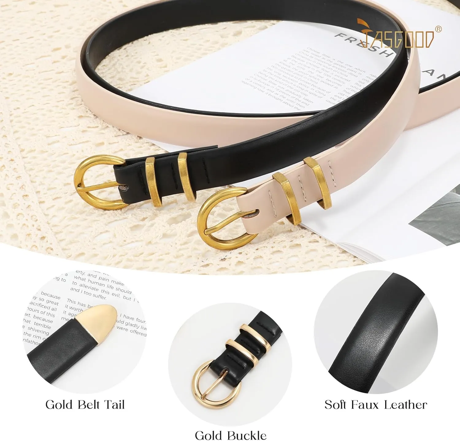JASGOOD 2 Pack Women's Leather Belts with Gold Buckle Fashion Leather Waist Belt Elegant Ladies Belts for Jeans Dress