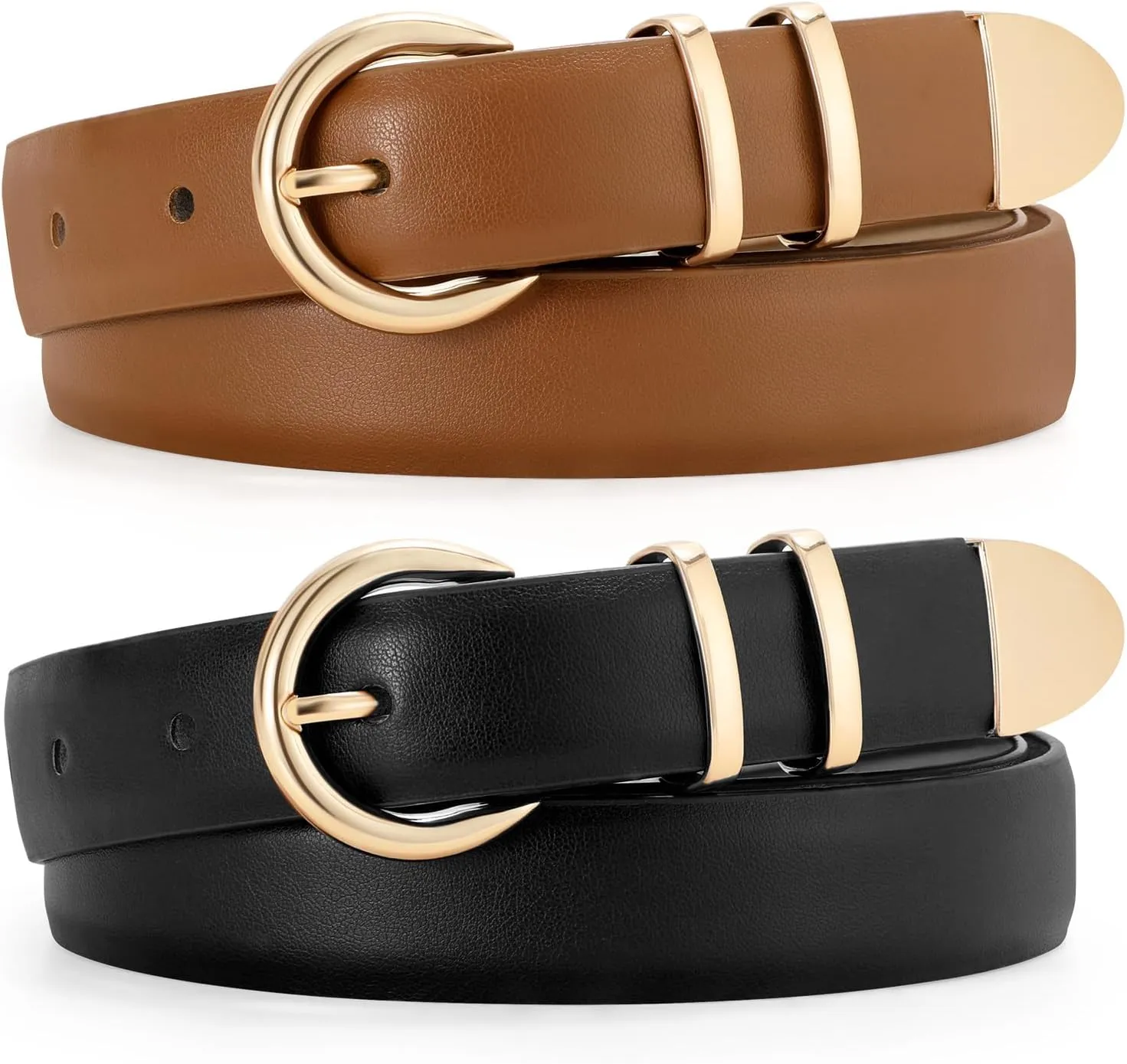 JASGOOD 2 Pack Women's Leather Belts with Gold Buckle Fashion Leather Waist Belt Elegant Ladies Belts for Jeans Dress