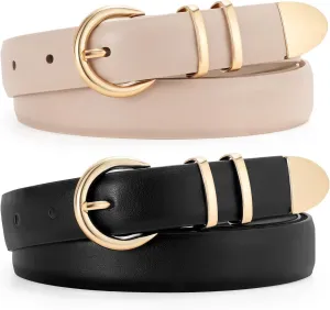 JASGOOD 2 Pack Women's Leather Belts with Gold Buckle Fashion Leather Waist Belt Elegant Ladies Belts for Jeans Dress