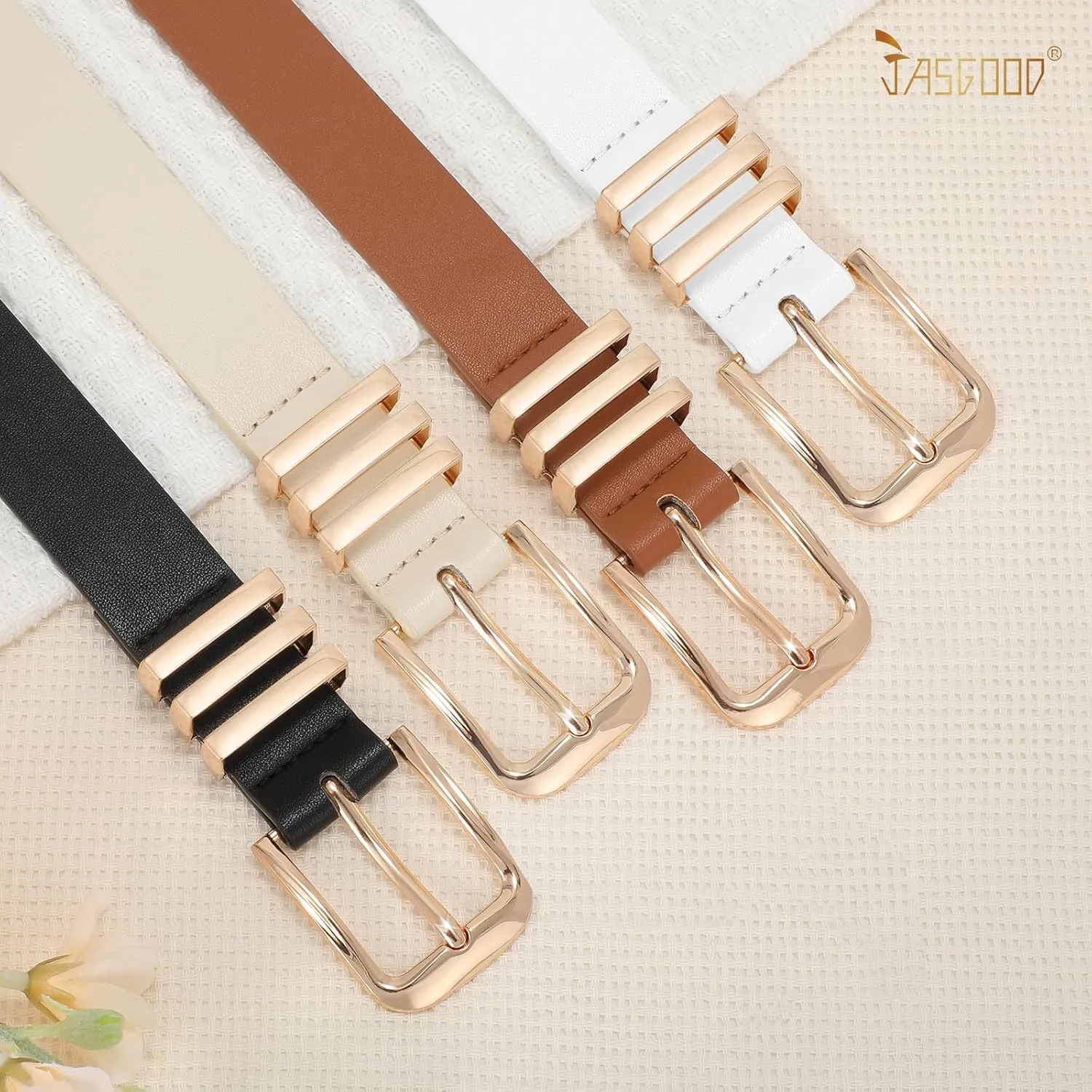 JASGOOD 3 Pack Women's Leather Belts Ladies Fashion Leather Belts for Jeans Pants Dress with Gold Buckle
