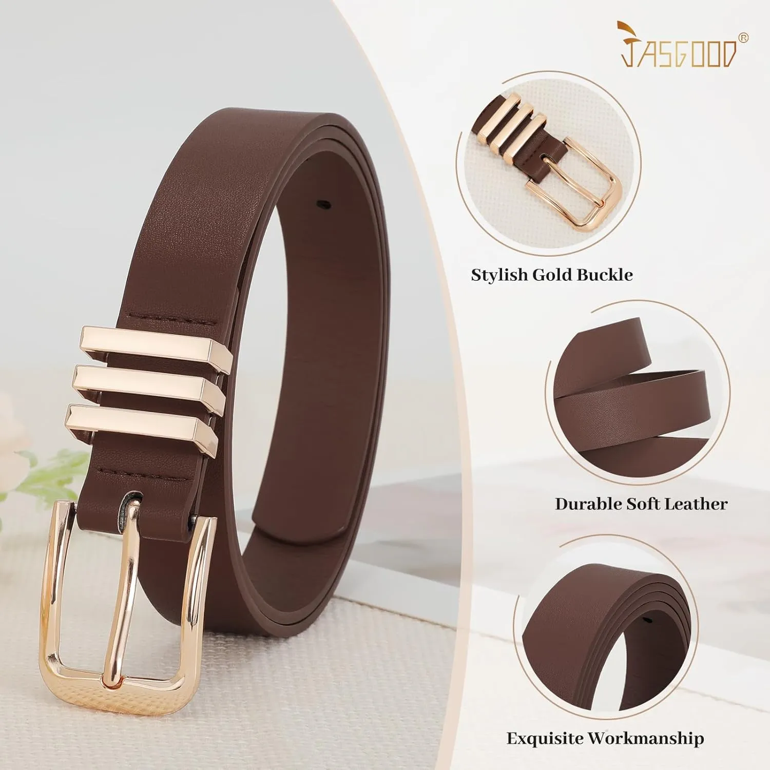 JASGOOD 3 Pack Women's Leather Belts Ladies Fashion Leather Belts for Jeans Pants Dress with Gold Buckle