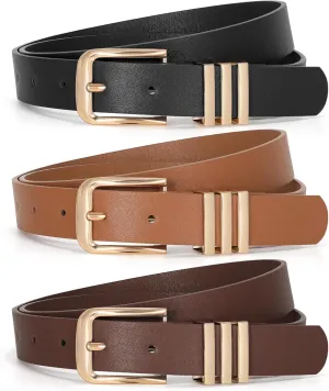 JASGOOD 3 Pack Women's Leather Belts Ladies Fashion Leather Belts for Jeans Pants Dress with Gold Buckle