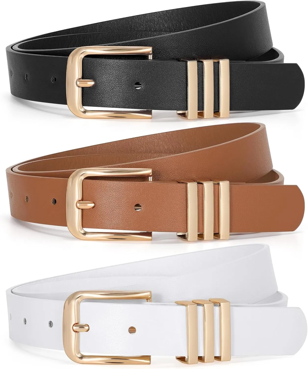 JASGOOD 3 Pack Women's Leather Belts Ladies Fashion Leather Belts for Jeans Pants Dress with Gold Buckle