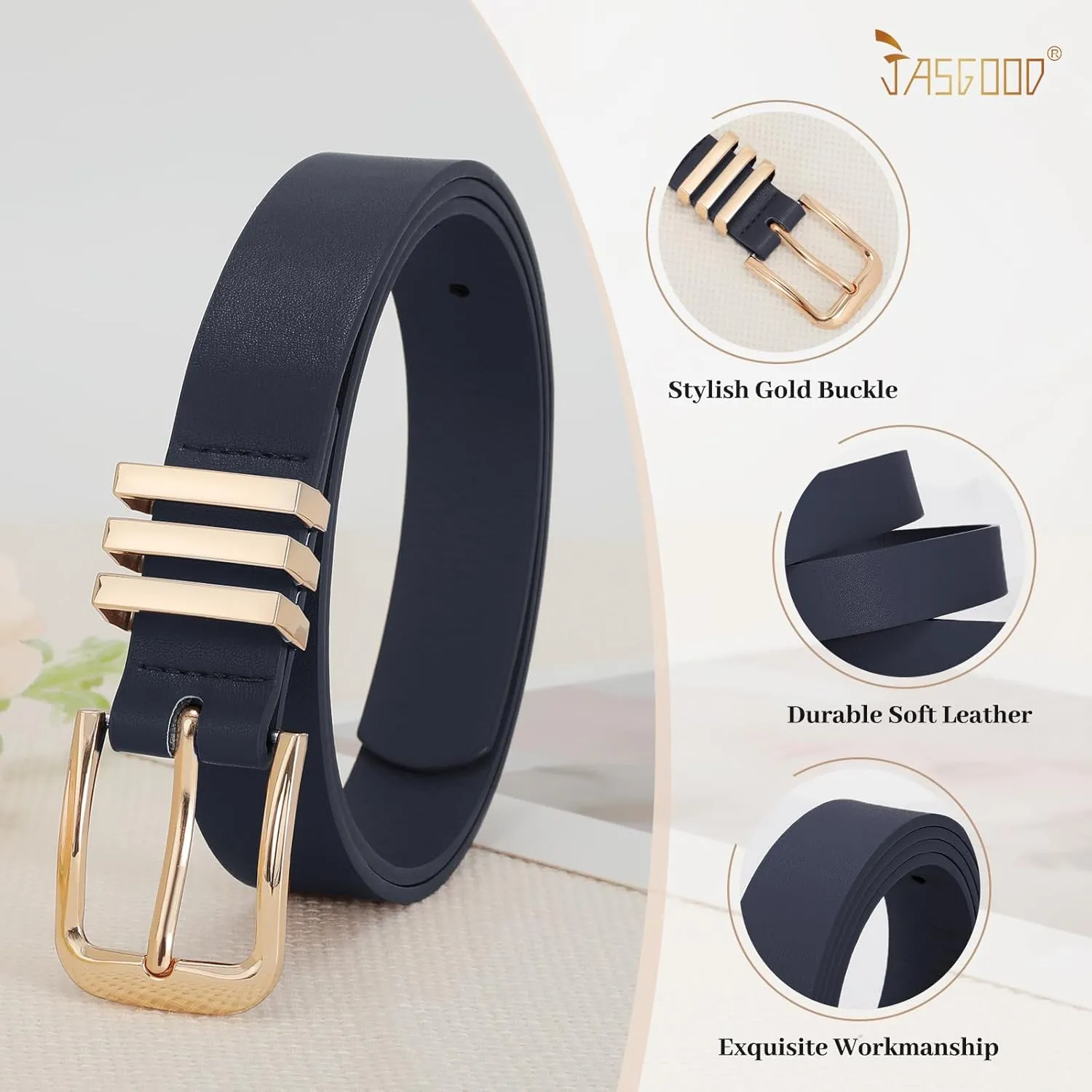 JASGOOD 3 Pack Women's Leather Belts Ladies Fashion Leather Belts for Jeans Pants Dress with Gold Buckle