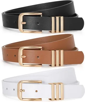 JASGOOD 3 Pack Women's Leather Belts Ladies Fashion Leather Belts for Jeans Pants Dress with Gold Buckle