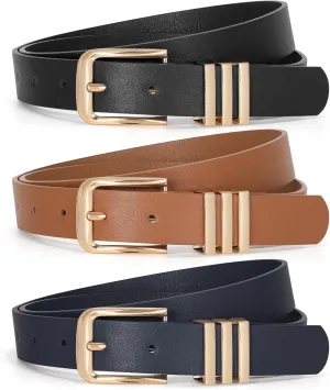 JASGOOD 3 Pack Women's Leather Belts Ladies Fashion Leather Belts for Jeans Pants Dress with Gold Buckle