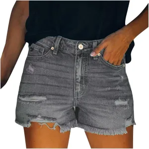 Jean Shorts for Women High Waisted Stretchy Distressed Denim Shorts Ripped Frayed Raw Hem Summer Casual Shorts