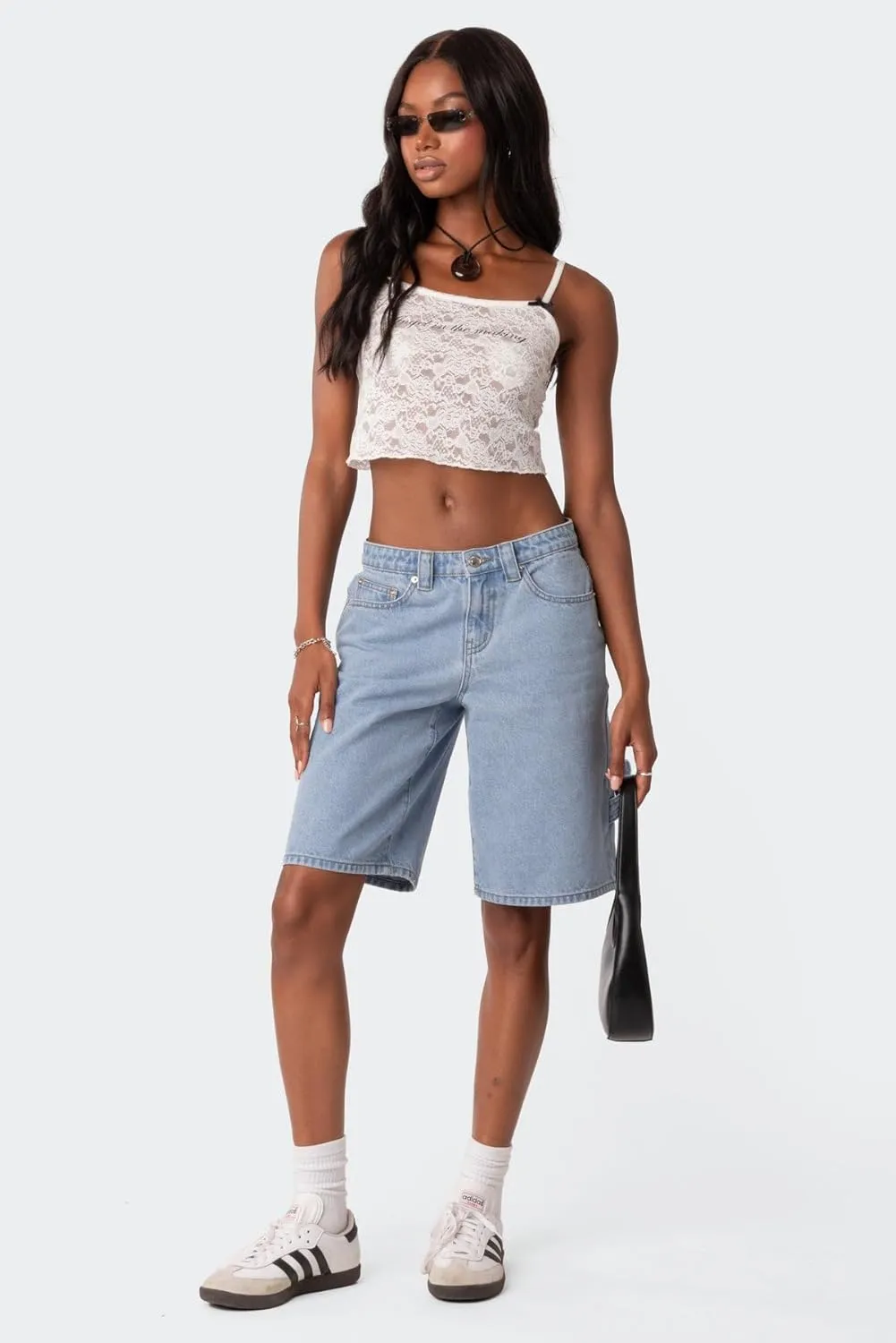 Jean Shorts Women Knee-Length Denim Short Summer High Waist Jean Bermuda Short Y2k Straight Leg Short with Pocket
