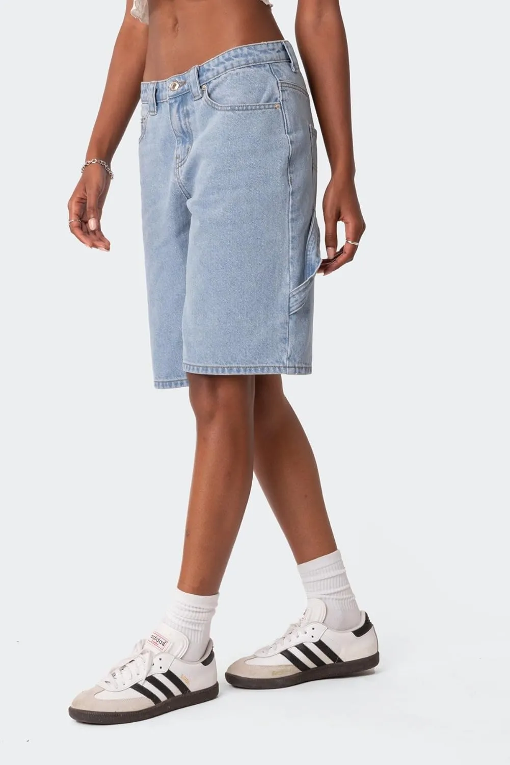 Jean Shorts Women Knee-Length Denim Short Summer High Waist Jean Bermuda Short Y2k Straight Leg Short with Pocket