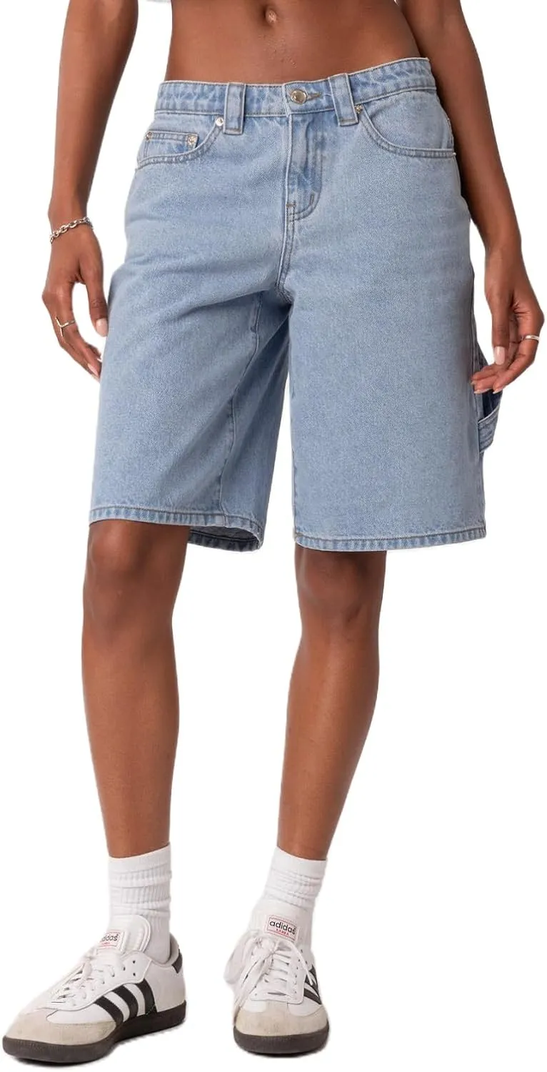 Jean Shorts Women Knee-Length Denim Short Summer High Waist Jean Bermuda Short Y2k Straight Leg Short with Pocket