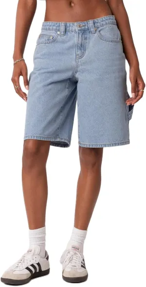 Jean Shorts Women Knee-Length Denim Short Summer High Waist Jean Bermuda Short Y2k Straight Leg Short with Pocket