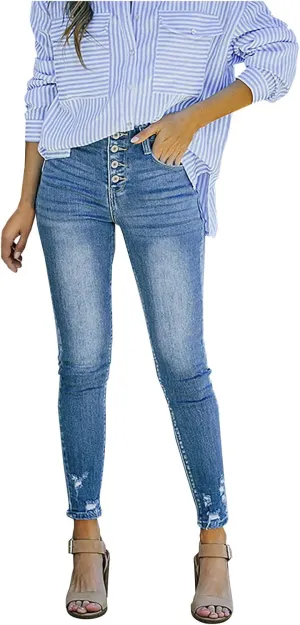Jeggings for Women High Waisted Buttoned up Denim Pants Trendy Skinny Ankle Jeans Totally Shaping Frayed Jeans