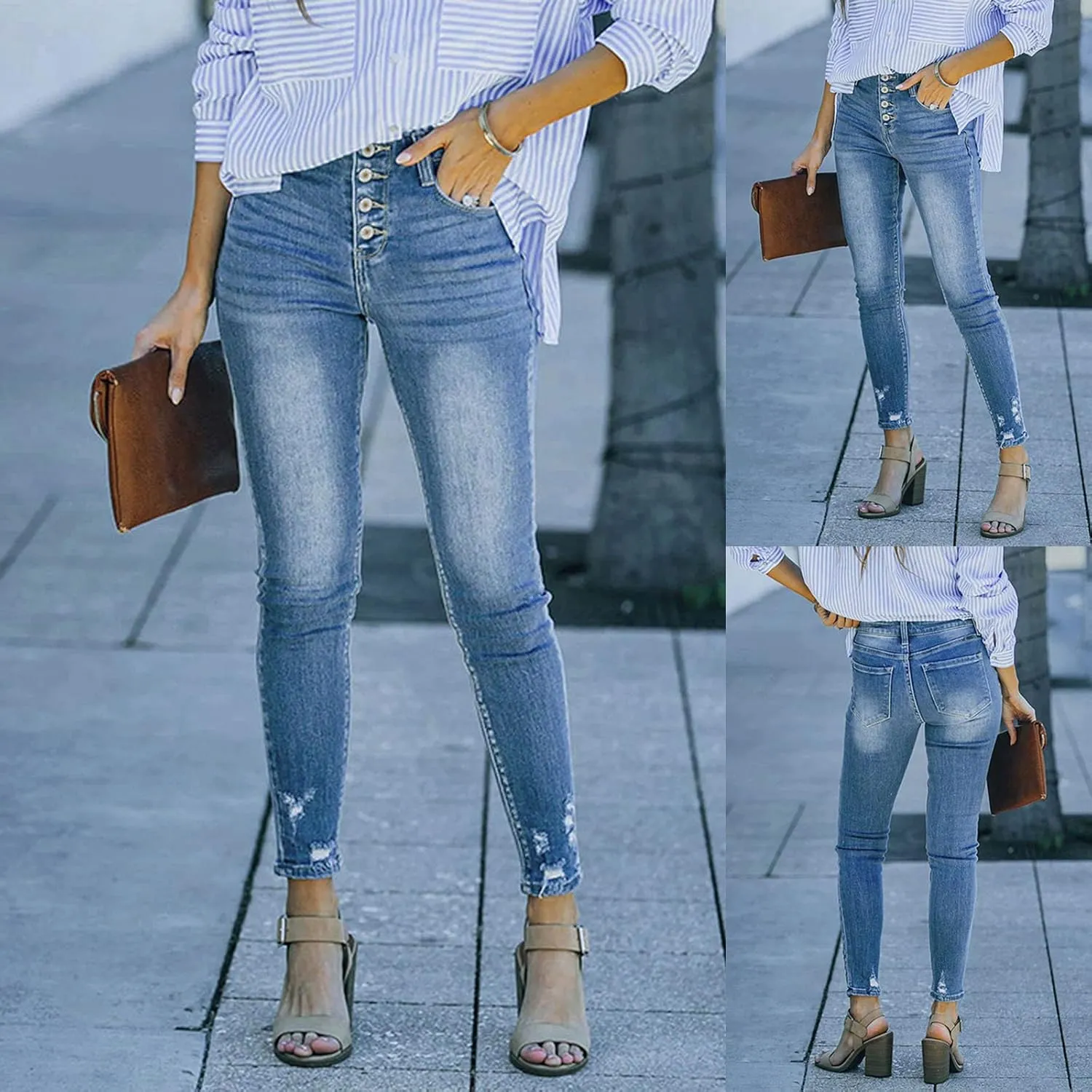 Jeggings for Women High Waisted Buttoned up Denim Pants Trendy Skinny Ankle Jeans Totally Shaping Frayed Jeans