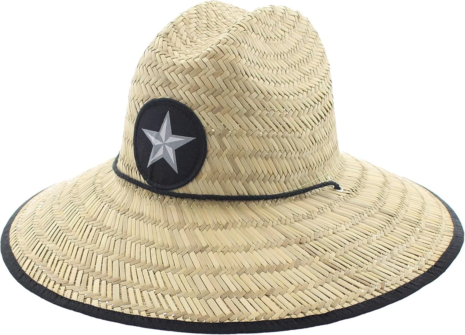 JFH Pierside Texas Ranger Lone Star Wide Brim Straw Sun Hat w/Chin Cord (S Star Patch)