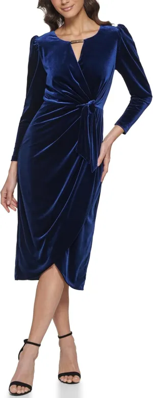 kensie Women's Long Sleeve Velvet Faux Wrap Midi Dress