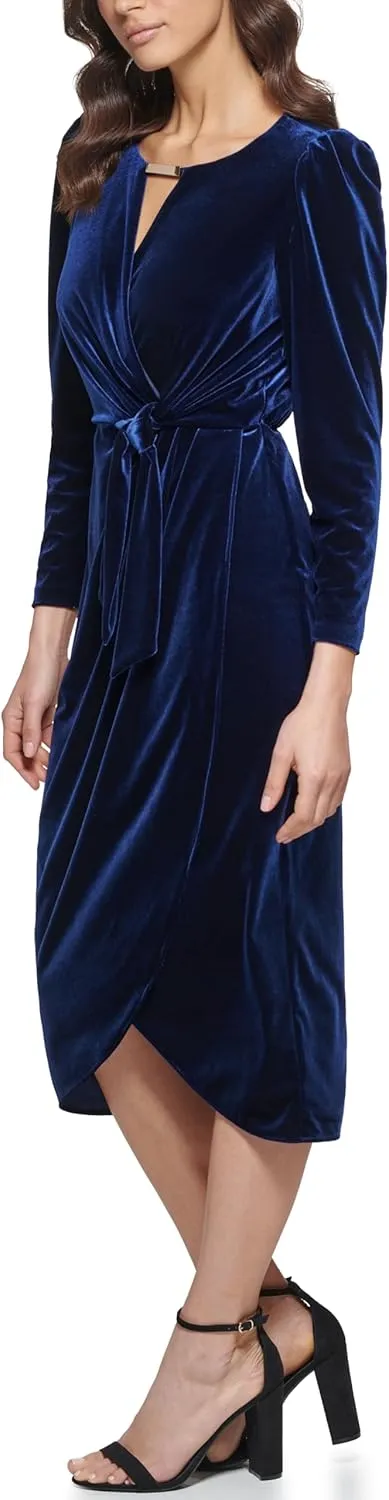 kensie Women's Long Sleeve Velvet Faux Wrap Midi Dress