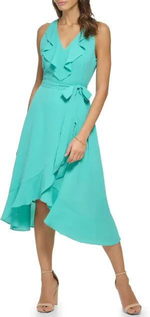kensie Women's Sleeveless Ruffle Trim Faux Wrap Midi Dress