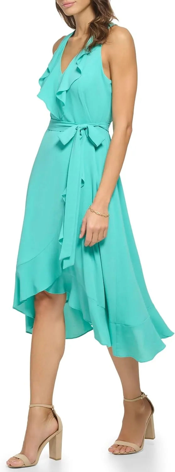 kensie Women's Sleeveless Ruffle Trim Faux Wrap Midi Dress