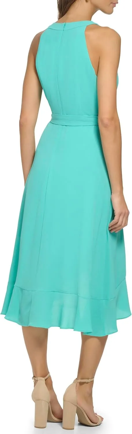 kensie Women's Sleeveless Ruffle Trim Faux Wrap Midi Dress