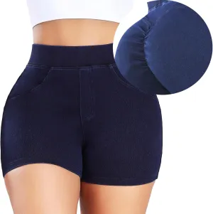 KIWI RATA Womens Jean Shorts Stretchy, High Waisted Scrunch Butt Shorts, Summer Casual Denim Butt Lift Shorts