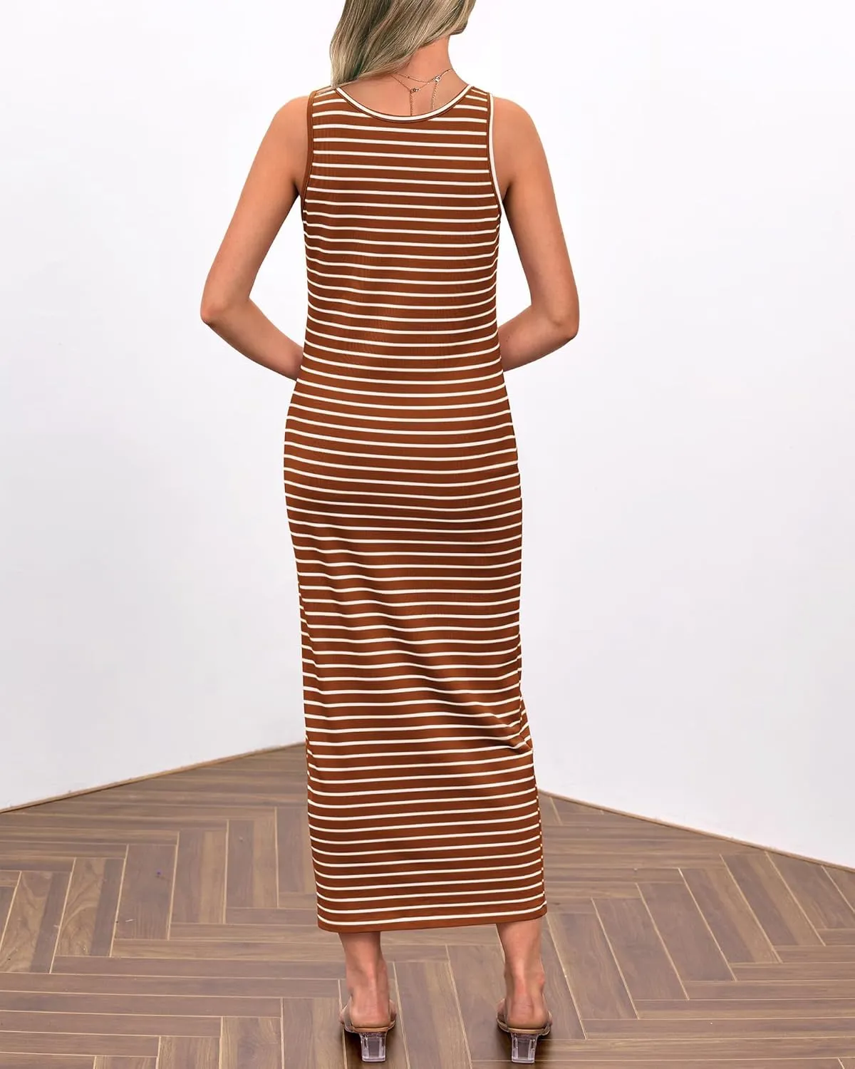 Kubbon Maxi Dresses for Women Sleeveless Striped T Shirt Midi Dress U Neck Bodycon Dresses Side Slit Long Tank Dress
