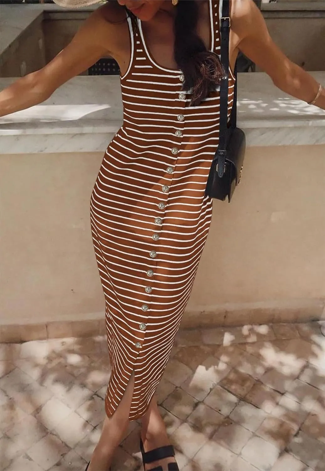 Kubbon Maxi Dresses for Women Sleeveless Striped T Shirt Midi Dress U Neck Bodycon Dresses Side Slit Long Tank Dress