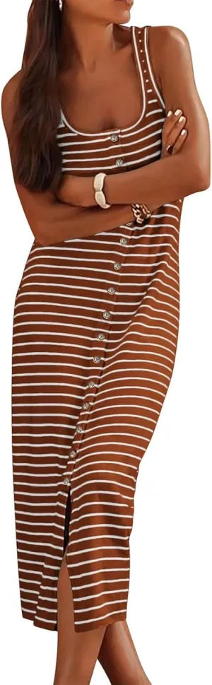Kubbon Maxi Dresses for Women Sleeveless Striped T Shirt Midi Dress U Neck Bodycon Dresses Side Slit Long Tank Dress