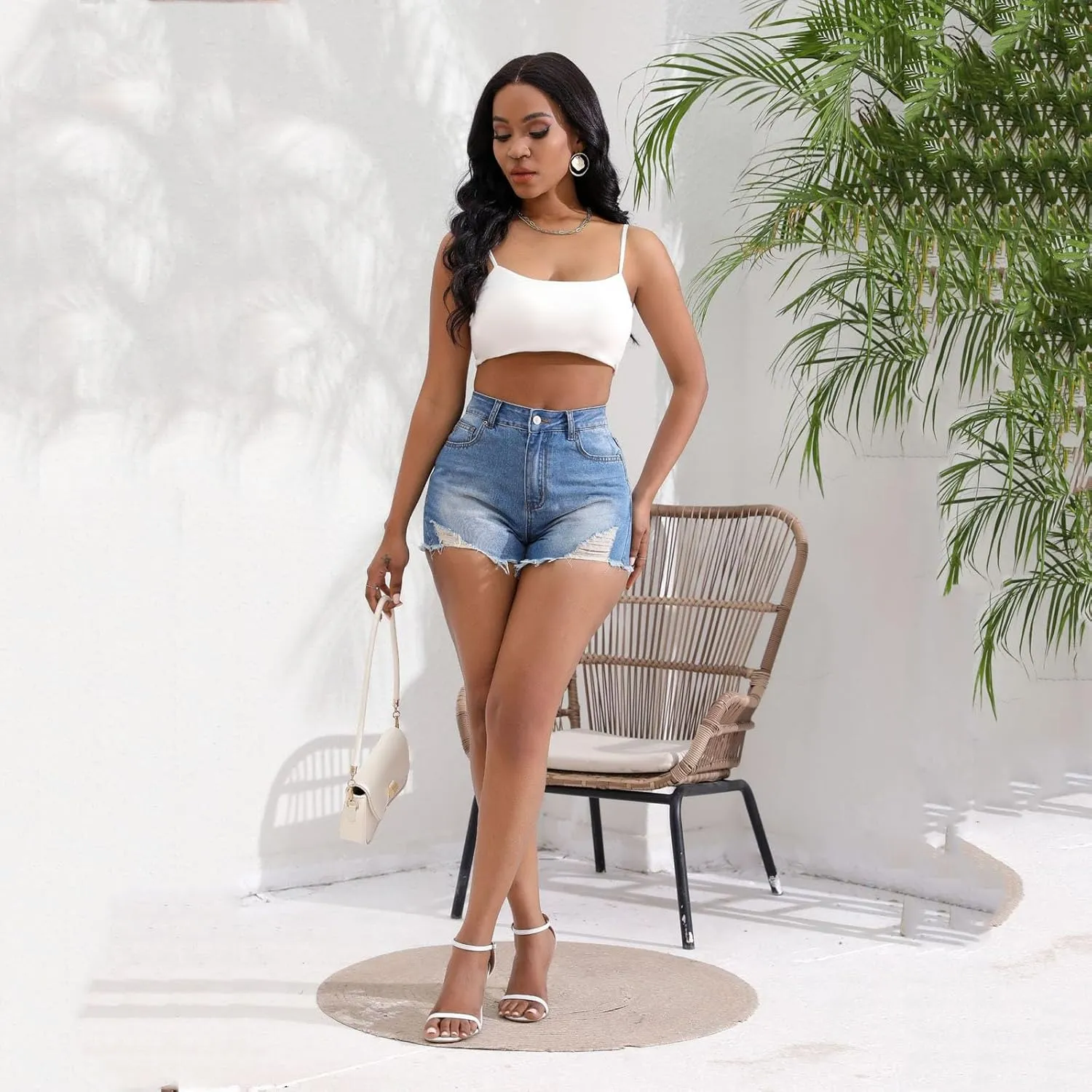 Lady Solid Color Washed Ripped High Waisted Stretch Denim Shorts High Waisted Athletic Shorts Women