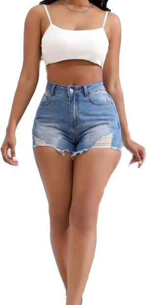 Lady Solid Color Washed Ripped High Waisted Stretch Denim Shorts High Waisted Athletic Shorts Women