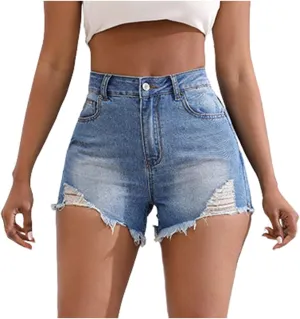 Lady Solid Color Washed Ripped High Waisted Stretch Denim Shorts High Waisted Athletic Shorts Women