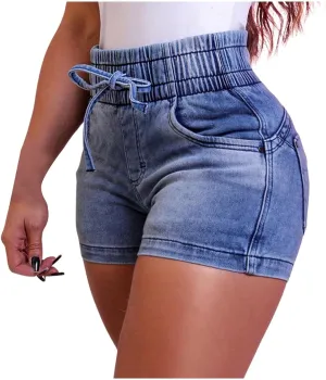 Lady Solid Color Washed Ripped High Waisted Stretch Denim Shorts Sexy Shorts for Women