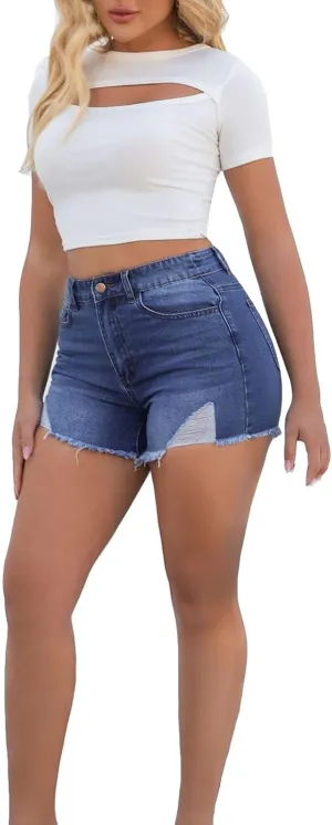 Lady Solid Color Washed Ripped High Waisted Stretch Denim Shorts Sexy Shorts for Women